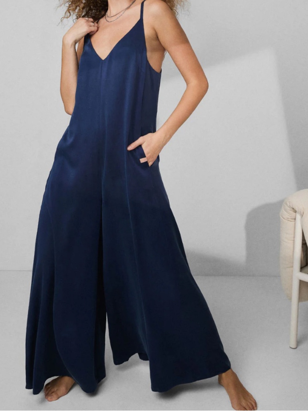 Navy V-Neck Wide-Leg Jumpsuit Washable Silk Elastic Strap Jumpsuit